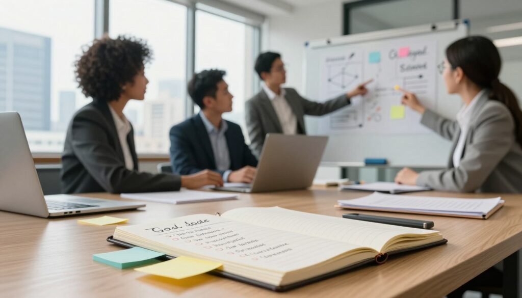A visually striking workspace set in a modern office environment. In the foreground, a well-organized desk displays a notepad filled with neatly written goals and colorful sticky notes, symbolizing effective goal-setting strategies. In the middle, a diverse group of three professionals in business attire engaging in a brainstorming session; one is pointing at a whiteboard filled with diagrams and key points related to goal setting. The background reveals a large window with natural light streaming in, showcasing a city skyline, adding an inspiring atmosphere. The lens focuses sharply on the team while softly blurring the background, creating a warm and motivating mood that reflects collaboration and ambition. A visually striking workspace set in a modern office environment. In the foreground, a well-organized desk displays a notepad filled with neatly written goals and colorful sticky notes, symbolizing effective goal-setting strategies. In the middle, a diverse group of three professionals in business attire engaging in a brainstorming session; one is pointing at a whiteboard filled with diagrams and key points related to goal setting. The background reveals a large window with natural light streaming in, showcasing a city skyline, adding an inspiring atmosphere. The lens focuses sharply on the team while softly blurring the background, creating a warm and motivating mood that reflects collaboration and ambition.