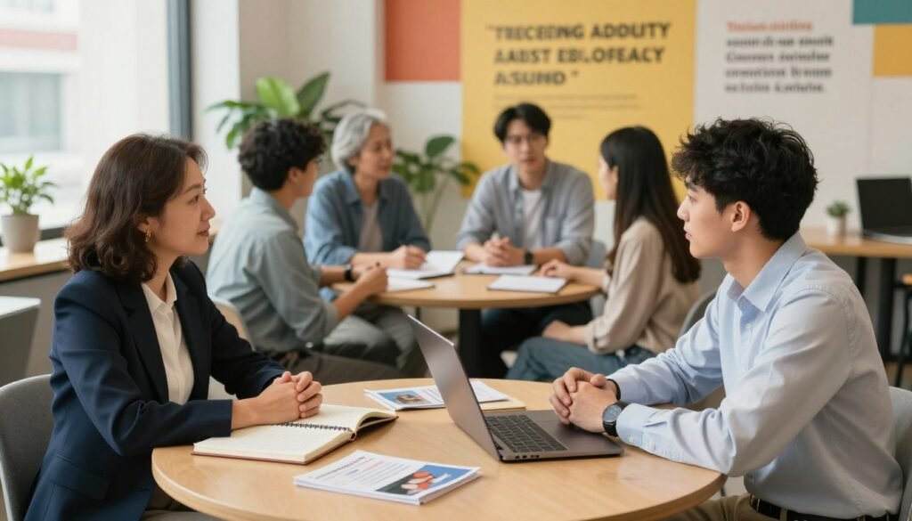 A warm and inviting office space, featuring a diverse group of career advisors and mentees engaged in a meaningful conversation. In the foreground, a middle-aged woman in a smart blazer is seated at a round table, attentively listening to a young man dressed in business casual attire. On the table are open notebooks, a laptop, and a few career pamphlets. In the middle ground, another pair of advisors, one older and one younger, are interacting with a small group of people, offering advice and encouragement. The background shows a colorful wall with motivational quotes and plants, creating an inspiring atmosphere. Soft, natural lighting streams through a window, enhancing the collaborative mood and sense of professional growth. The overall image conveys warmth, guidance, and empowerment in a career development context. A warm and inviting office space, featuring a diverse group of career advisors and mentees engaged in a meaningful conversation. In the foreground, a middle-aged woman in a smart blazer is seated at a round table, attentively listening to a young man dressed in business casual attire. On the table are open notebooks, a laptop, and a few career pamphlets. In the middle ground, another pair of advisors, one older and one younger, are interacting with a small group of people, offering advice and encouragement. The background shows a colorful wall with motivational quotes and plants, creating an inspiring atmosphere. Soft, natural lighting streams through a window, enhancing the collaborative mood and sense of professional growth. The overall image conveys warmth, guidance, and empowerment in a career development context.