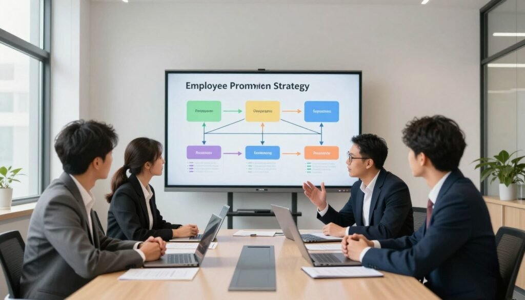 A well-organized office environment showcasing a comprehensive employee promotion strategy. In the foreground, a diverse group of three professionals in business attire are engaged in a lively discussion around a large conference table, with laptops and documents spread out. In the middle ground, an interactive whiteboard displays color-coded charts and graphs illustrating promotion pathways, skill development, and employee achievements. The background features large windows with natural light flooding in, creating an uplifting atmosphere. Soft shadows play on the walls, enhancing focus on the team. The scene conveys collaboration, ambition, and professionalism, highlighting the importance of strategic planning in employee growth and advancement. A well-organized office environment showcasing a comprehensive employee promotion strategy. In the foreground, a diverse group of three professionals in business attire are engaged in a lively discussion around a large conference table, with laptops and documents spread out. In the middle ground, an interactive whiteboard displays color-coded charts and graphs illustrating promotion pathways, skill development, and employee achievements. The background features large windows with natural light flooding in, creating an uplifting atmosphere. Soft shadows play on the walls, enhancing focus on the team. The scene conveys collaboration, ambition, and professionalism, highlighting the importance of strategic planning in employee growth and advancement.