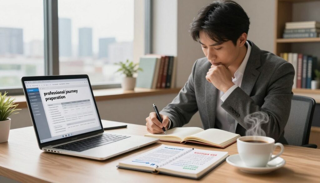 A well-organized workspace showcasing "professional journey preparation." In the foreground, a neatly arranged desk with a laptop displaying a career planning document, a notepad filled with notes, and a steaming cup of coffee. In the middle ground, a professional individual in business attire, deeply focused, taking notes and brainstorming ideas. They are seated, with a thoughtful expression, surrounded by motivational books on career development. In the background, a large window letting in soft natural light, revealing a city skyline that symbolizes growth and opportunities. The atmosphere is inspiring and productive, with warm tones and soft shadows, capturing the essence of ambition and preparation for achieving professional goals. A well-organized workspace showcasing "professional journey preparation." In the foreground, a neatly arranged desk with a laptop displaying a career planning document, a notepad filled with notes, and a steaming cup of coffee. In the middle ground, a professional individual in business attire, deeply focused, taking notes and brainstorming ideas. They are seated, with a thoughtful expression, surrounded by motivational books on career development. In the background, a large window letting in soft natural light, revealing a city skyline that symbolizes growth and opportunities. The atmosphere is inspiring and productive, with warm tones and soft shadows, capturing the essence of ambition and preparation for achieving professional goals.